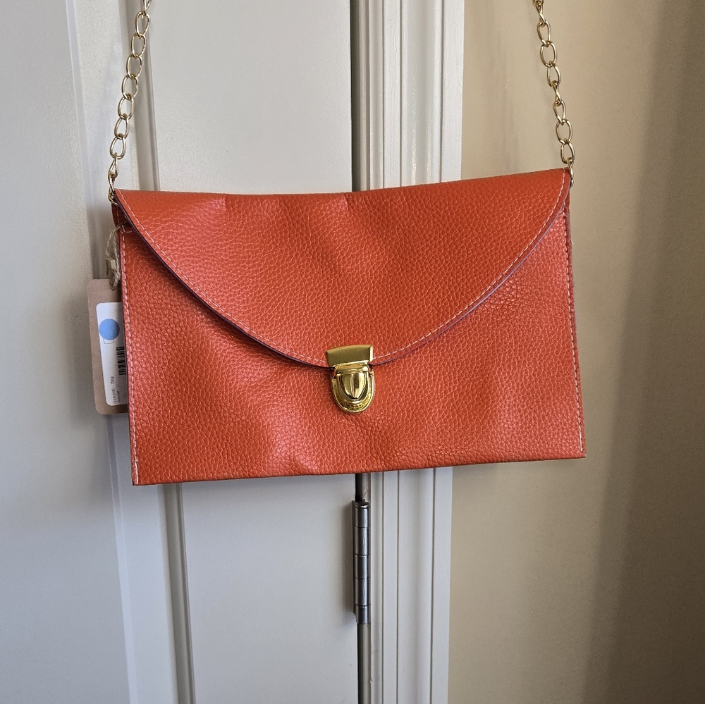 No Brand • Women's Orange Envelope Purse with Gold Chain